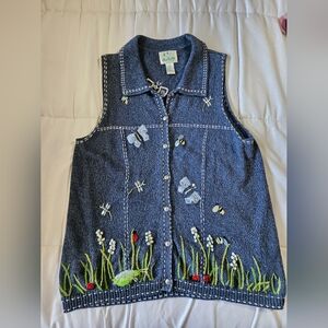Quacker Factory Bumble Bee Sequin Sweater Vest Blue Floral | Women’s XL